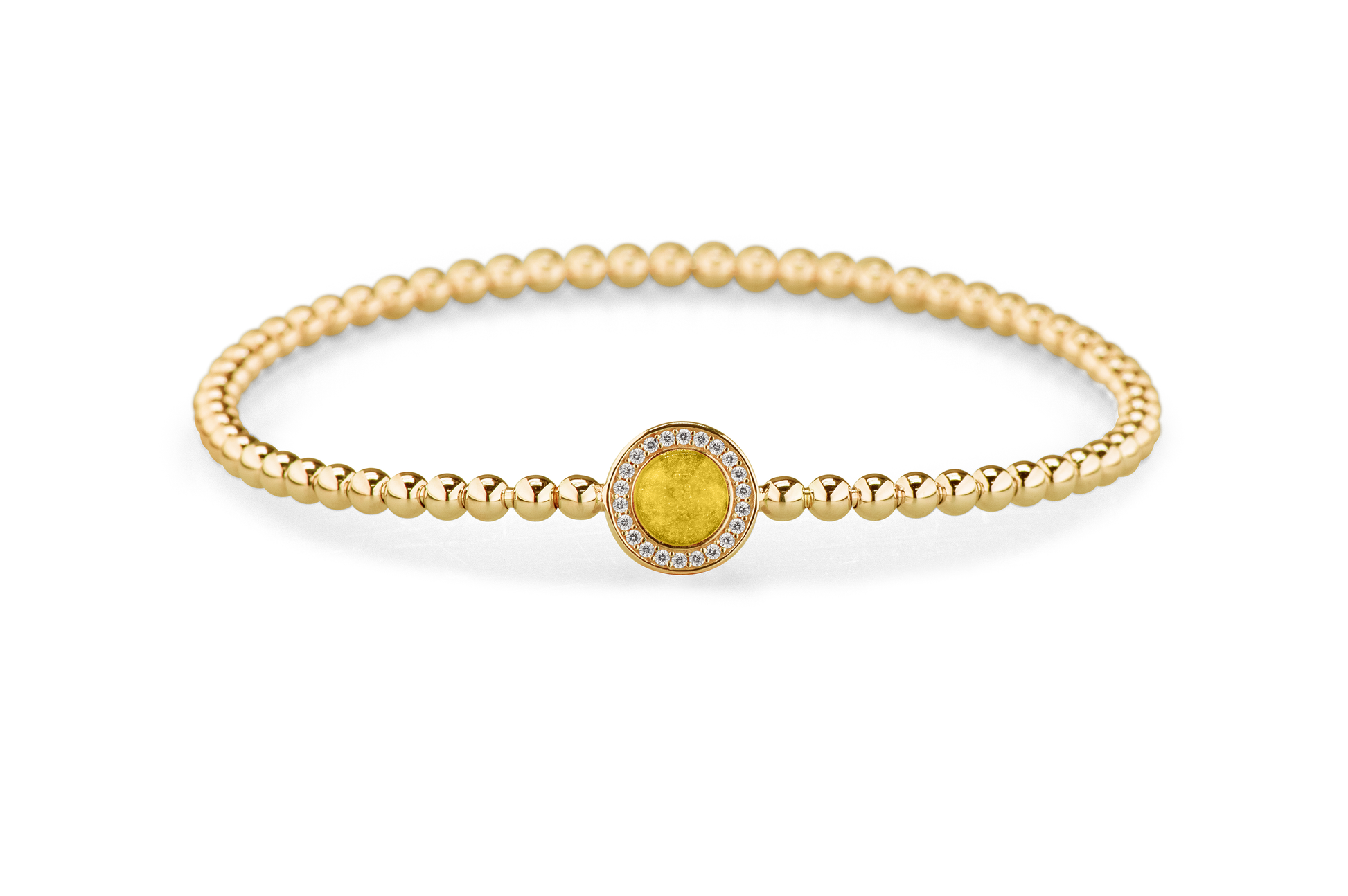 Flexibele as armband met rondje als compartiment gezet rondom met zirconia's voor as of haar. Yellow