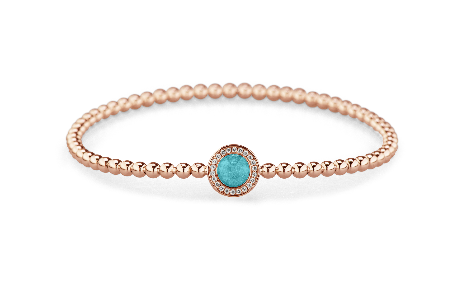 Flexibele as armband met rondje als compartiment gezet rondom met zirconia's voor as of haar. Aqua