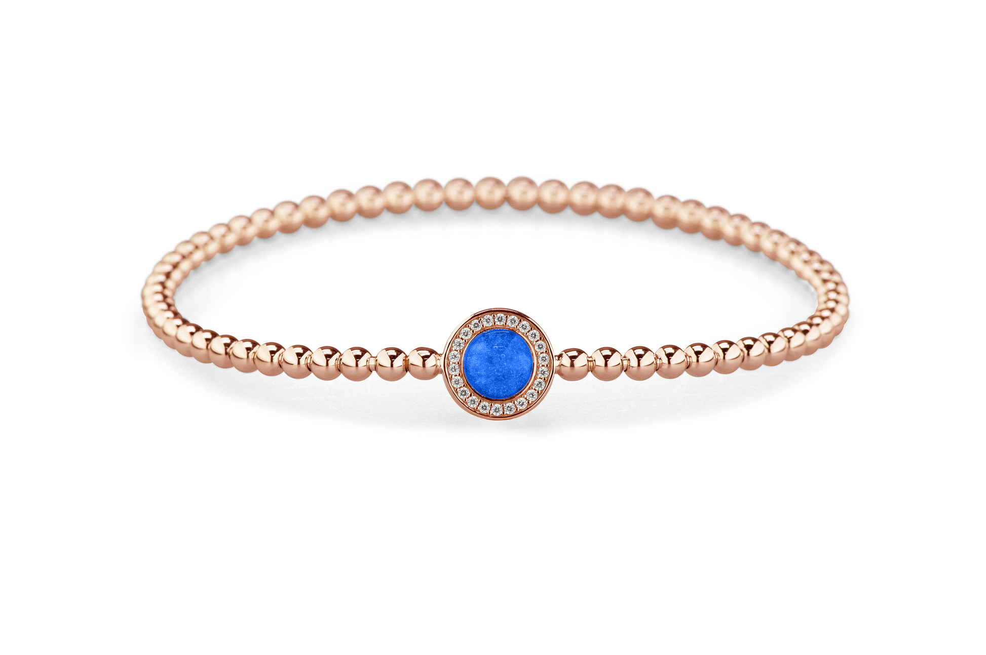 Flexibele as armband met rondje als compartiment gezet rondom met zirconia's voor as of haar. Blue