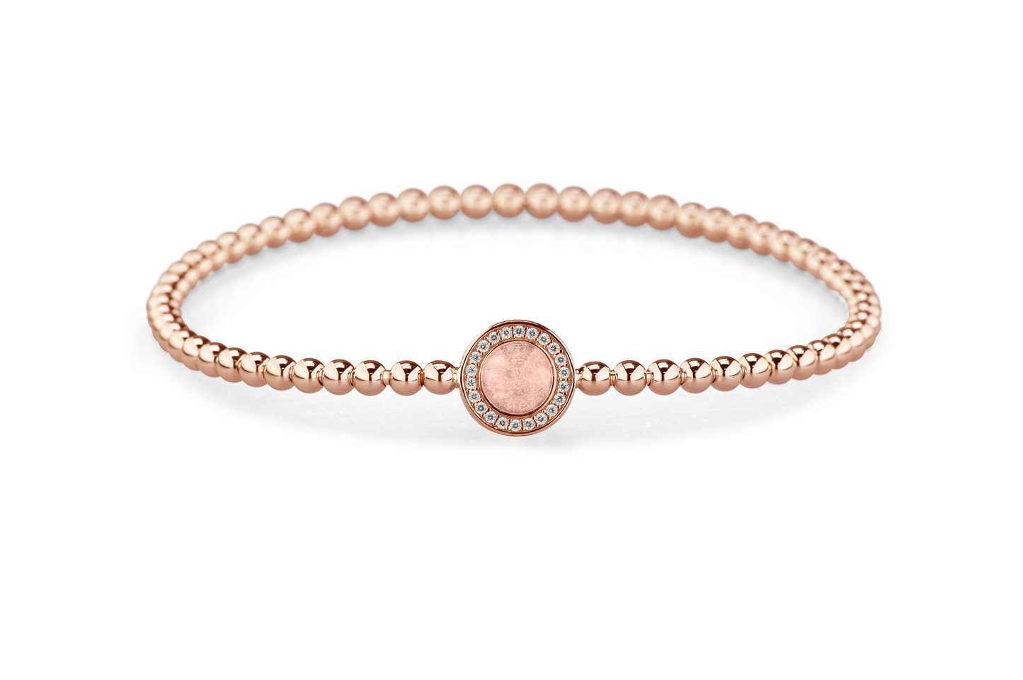 Flexibele as armband met rondje als compartiment gezet rondom met zirconia's voor as of haar. Blush