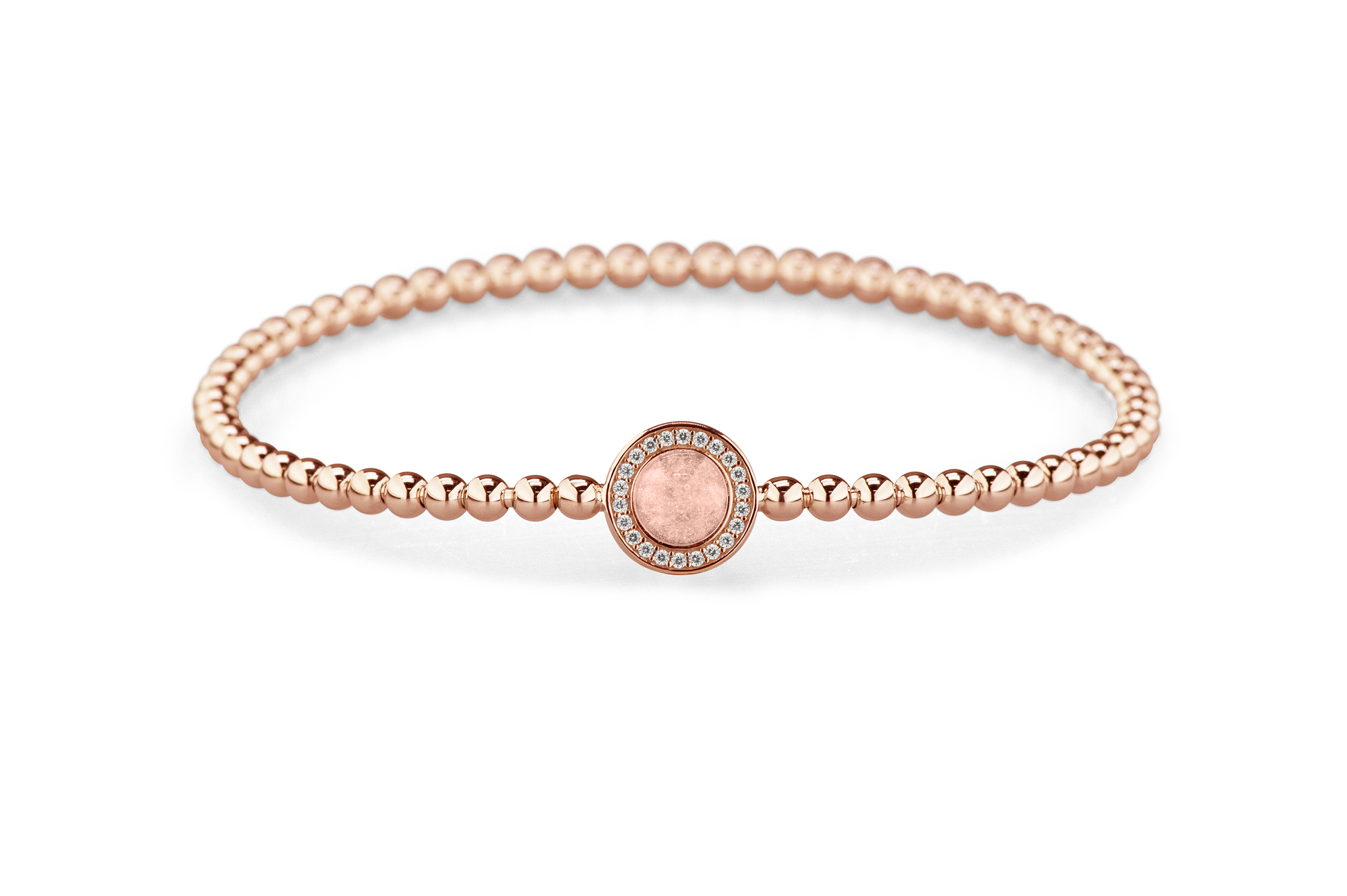 Flexibele as armband met rondje als compartiment gezet rondom met zirconia's voor as of haar. Blush