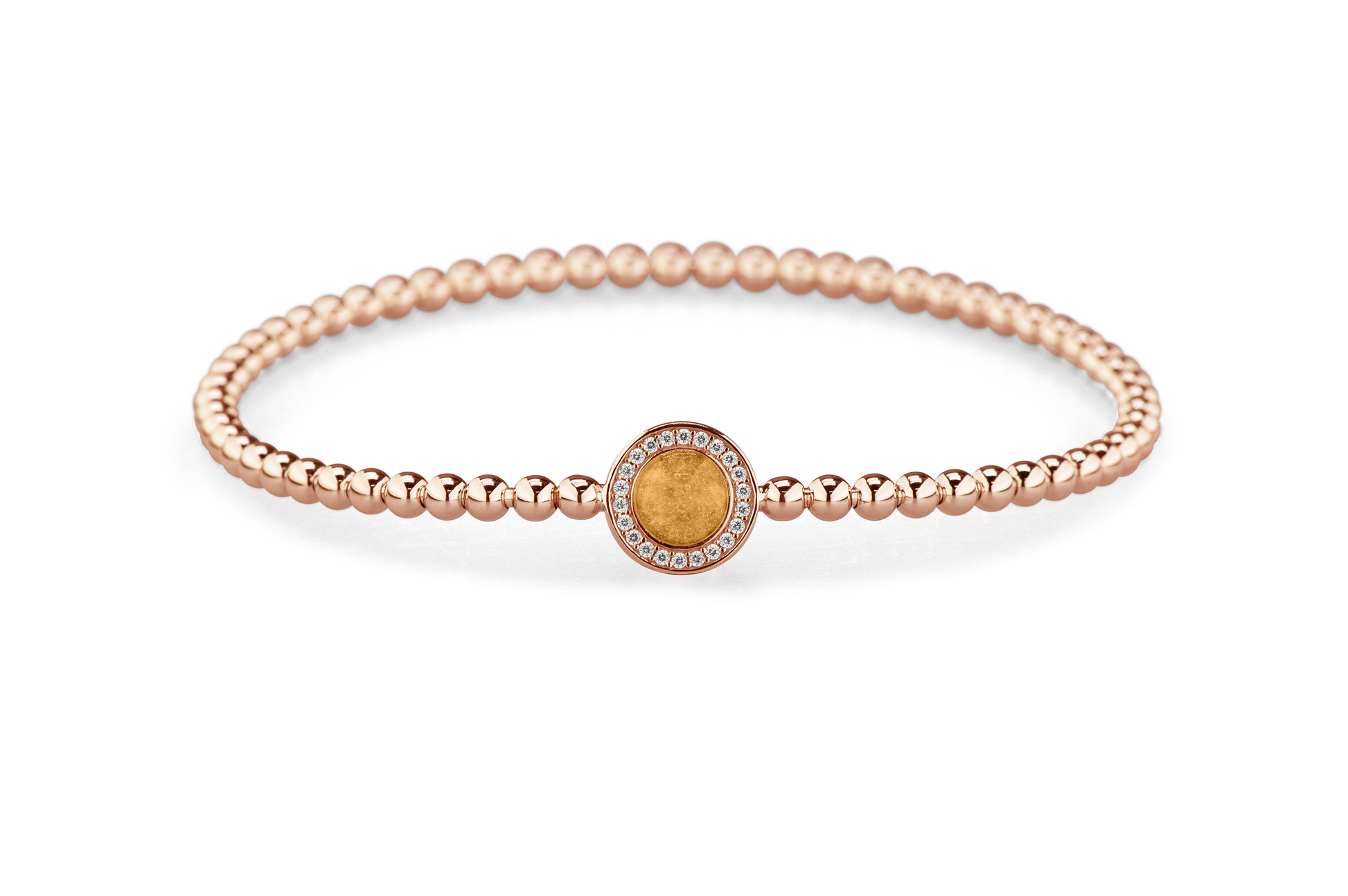 Flexibele as armband met rondje als compartiment gezet rondom met zirconia's voor as of haar. Gold