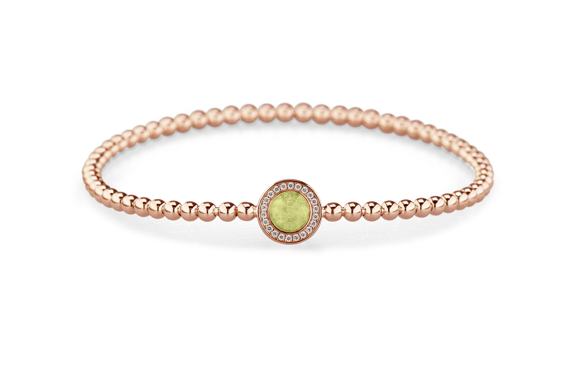 Flexibele as armband met rondje als compartiment gezet rondom met zirconia's voor as of haar. Olive