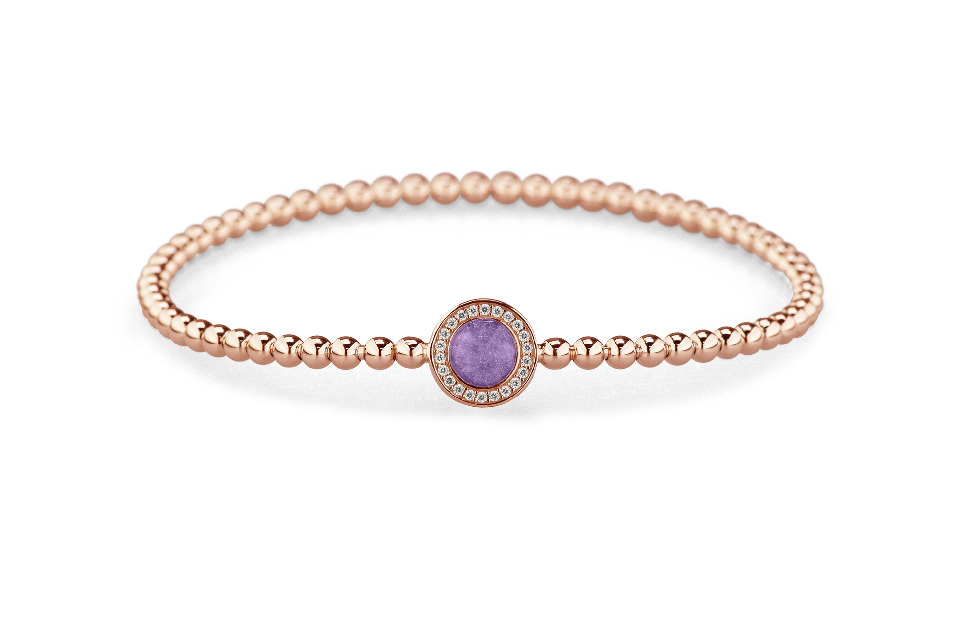 Flexibele as armband met rondje als compartiment gezet rondom met zirconia's voor as of haar. Purple