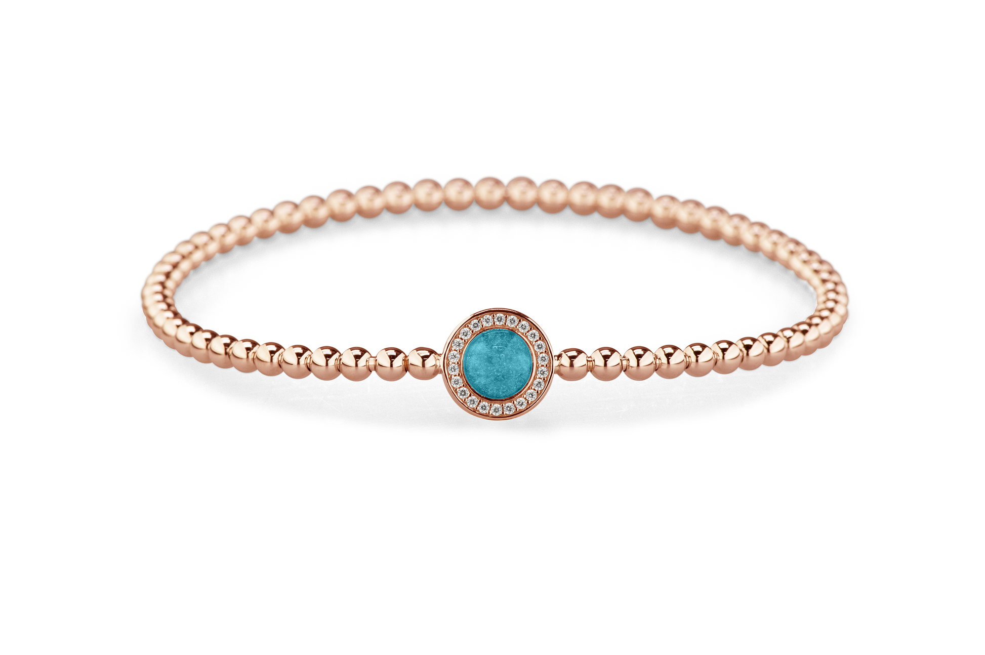 Flexibele as armband met rondje als compartiment gezet rondom met zirconia's voor as of haar. Turquoise