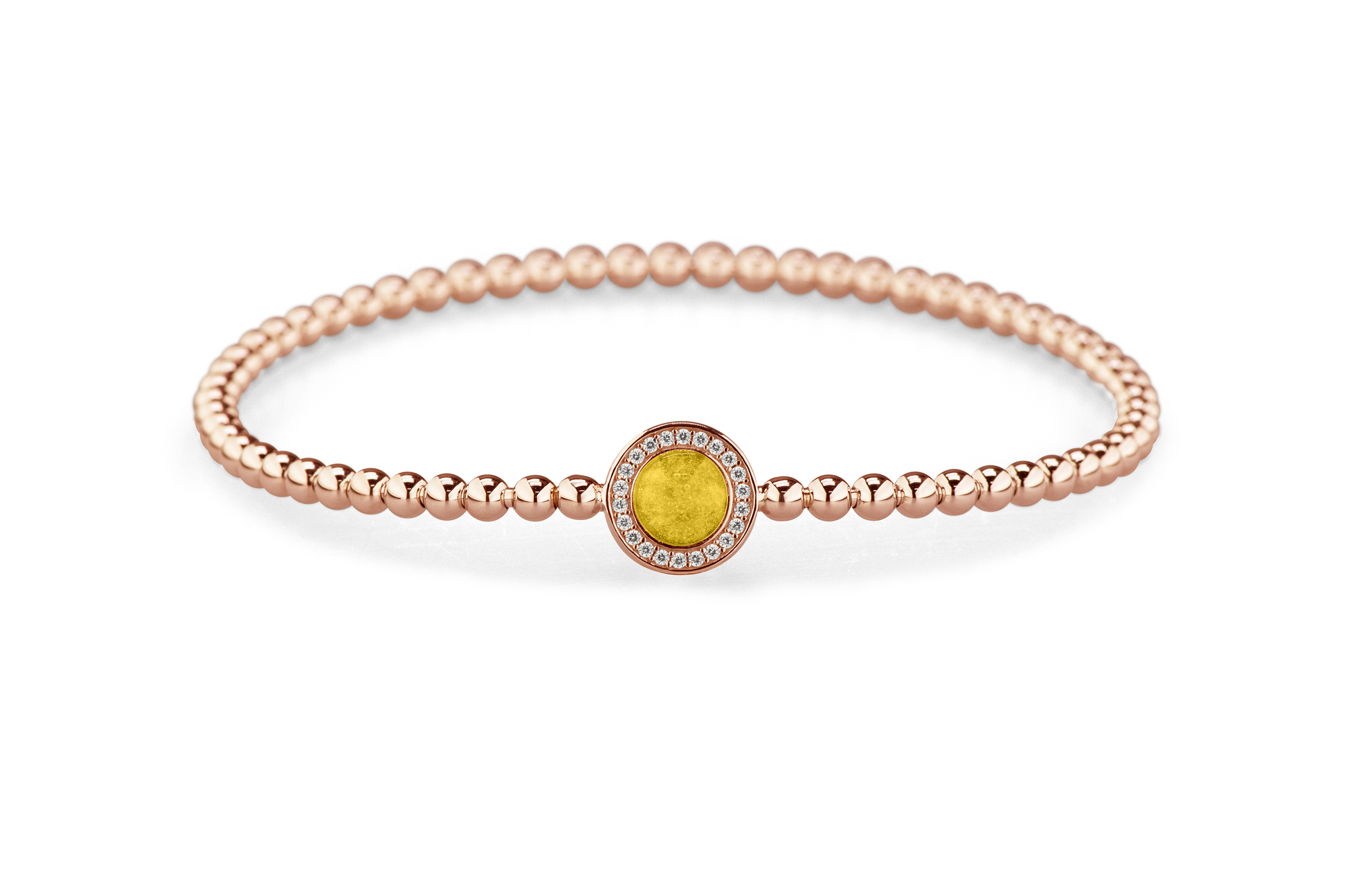 Flexibele as armband met rondje als compartiment gezet rondom met zirconia's voor as of haar. Yellow