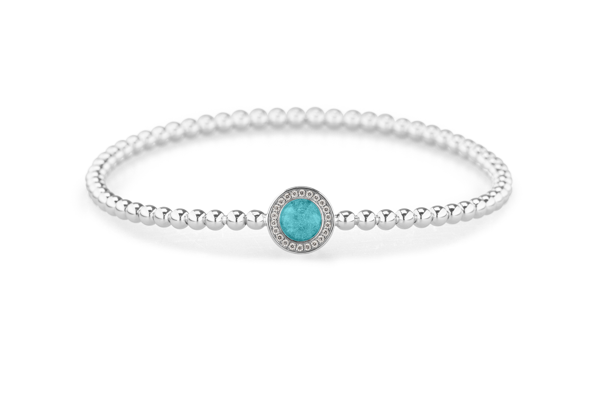 Flexibele as armband met rondje als compartiment gezet rondom met zirconia's voor as of haar. Aqua