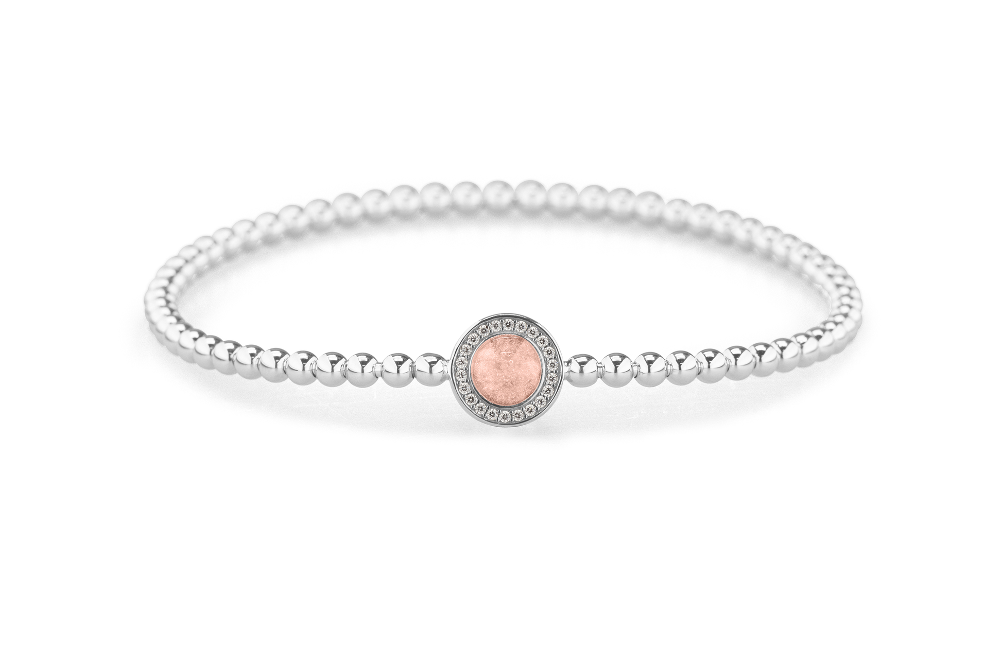 Flexibele as armband met rondje als compartiment gezet rondom met zirconia's voor as of haar. Blush