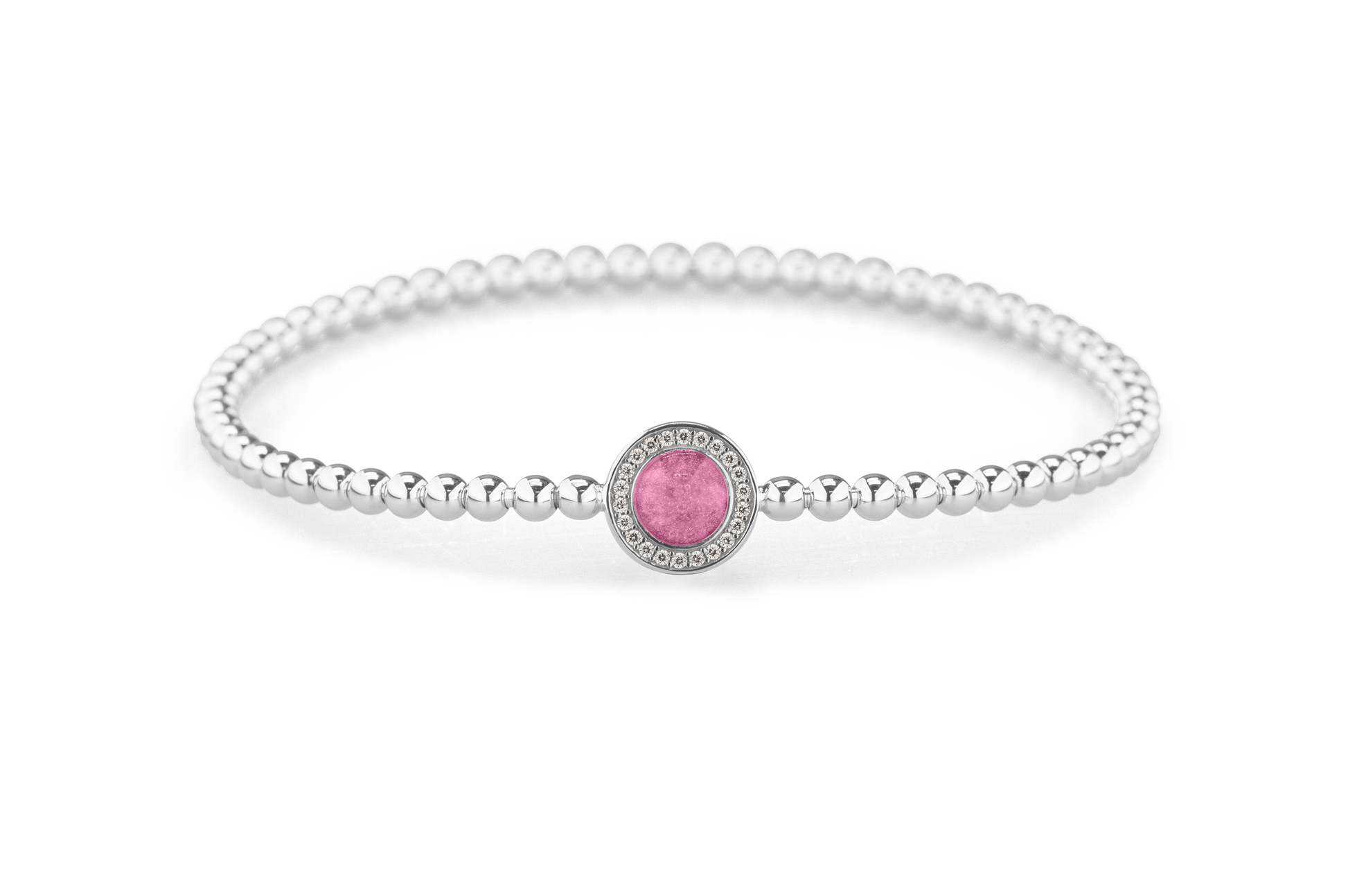 Flexibele as armband met rondje als compartiment gezet rondom met zirconia's voor as of haar. Fluo