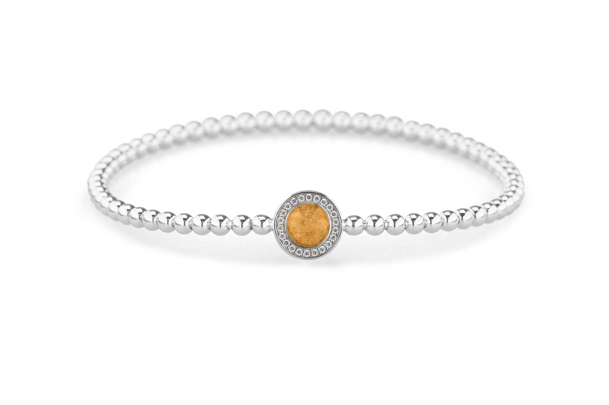 Flexibele as armband met rondje als compartiment gezet rondom met zirconia's voor as of haar. Gold