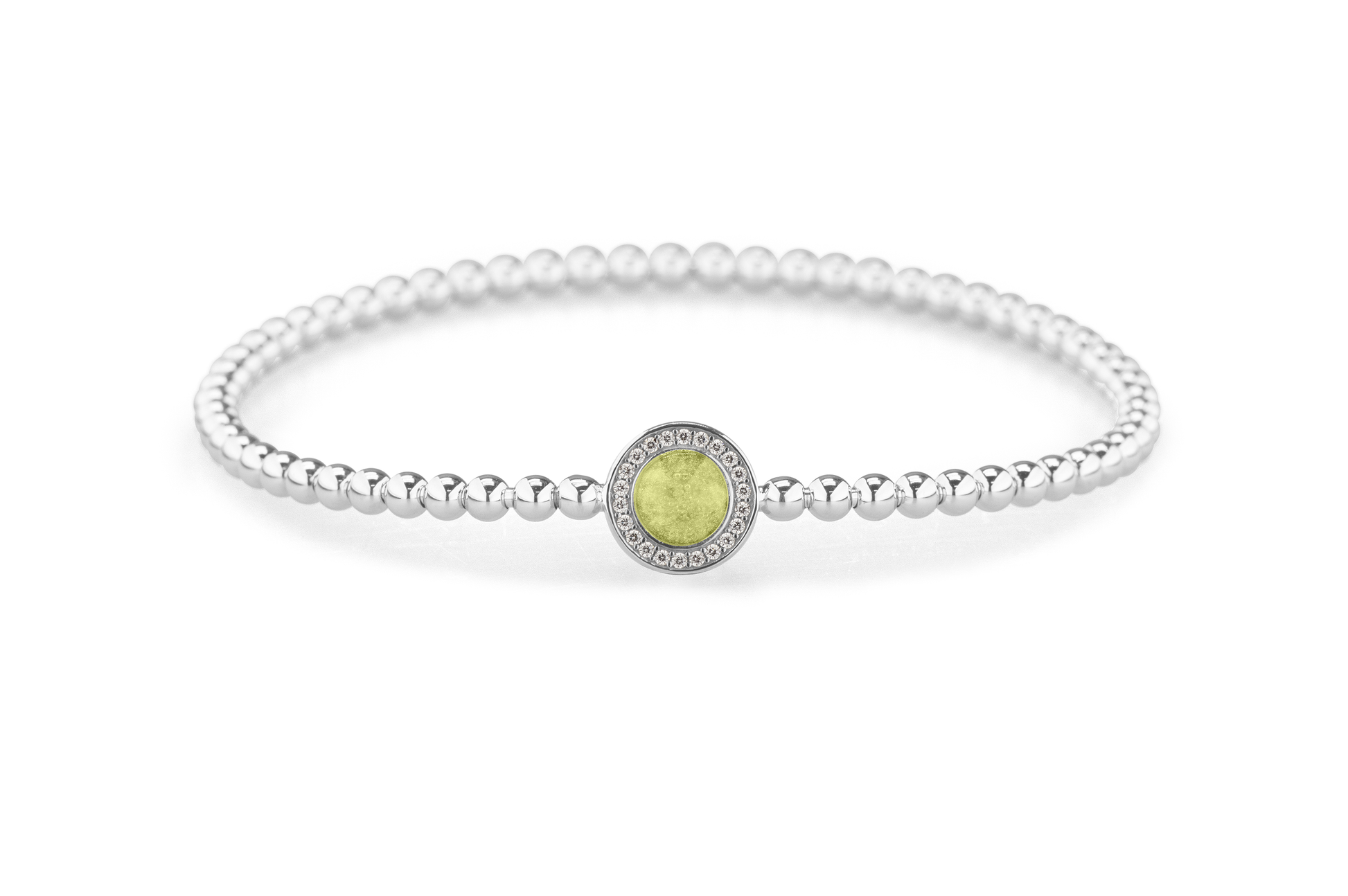 Flexibele as armband met rondje als compartiment gezet rondom met zirconia's voor as of haar. Olive