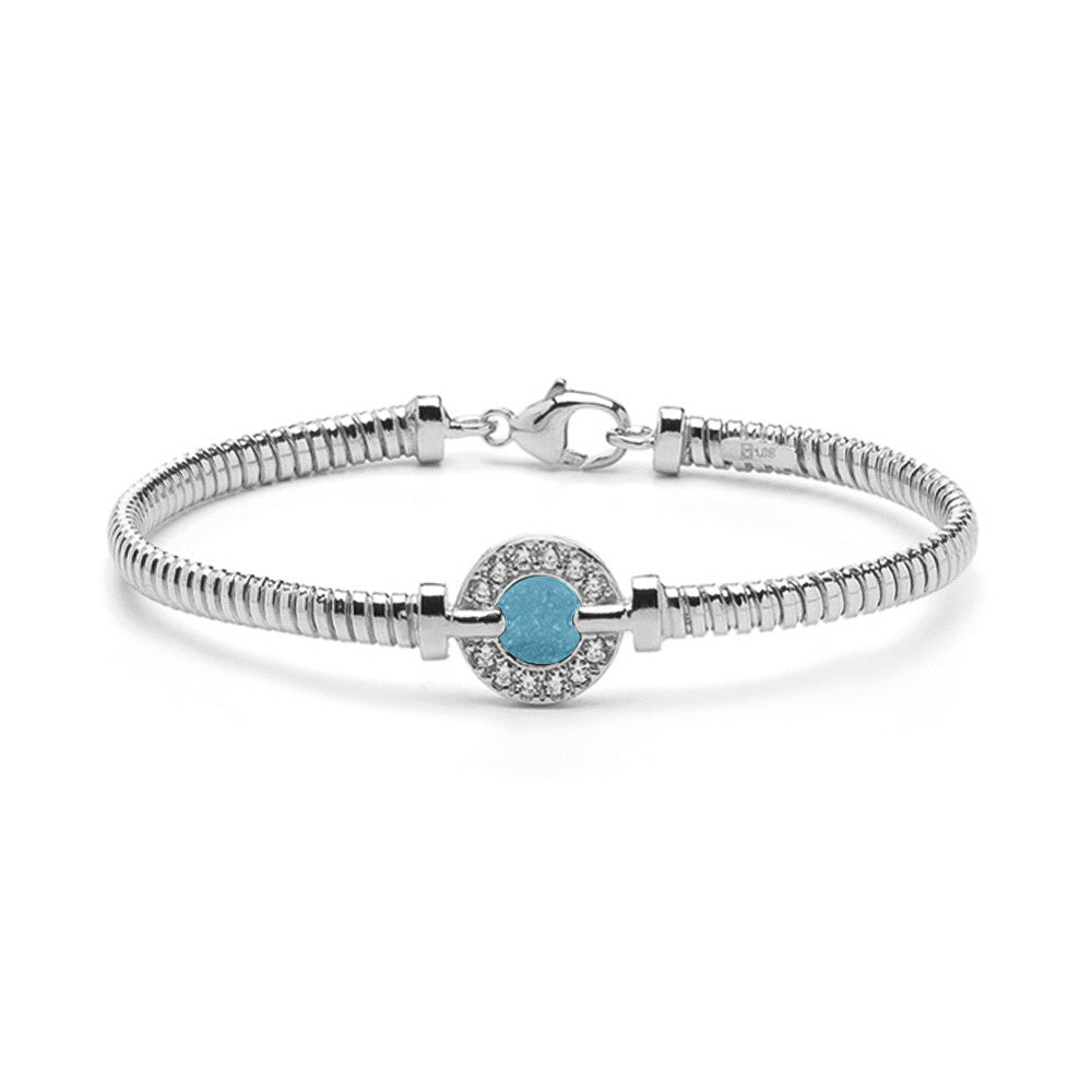 Zilveren as armband met ornamentje, dat gevuld kan worden met as. Baby