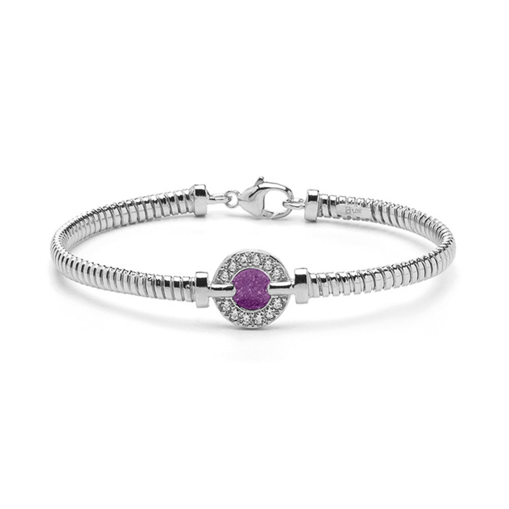 Zilveren as armband met ornamentje, dat gevuld kan worden met as. Purple