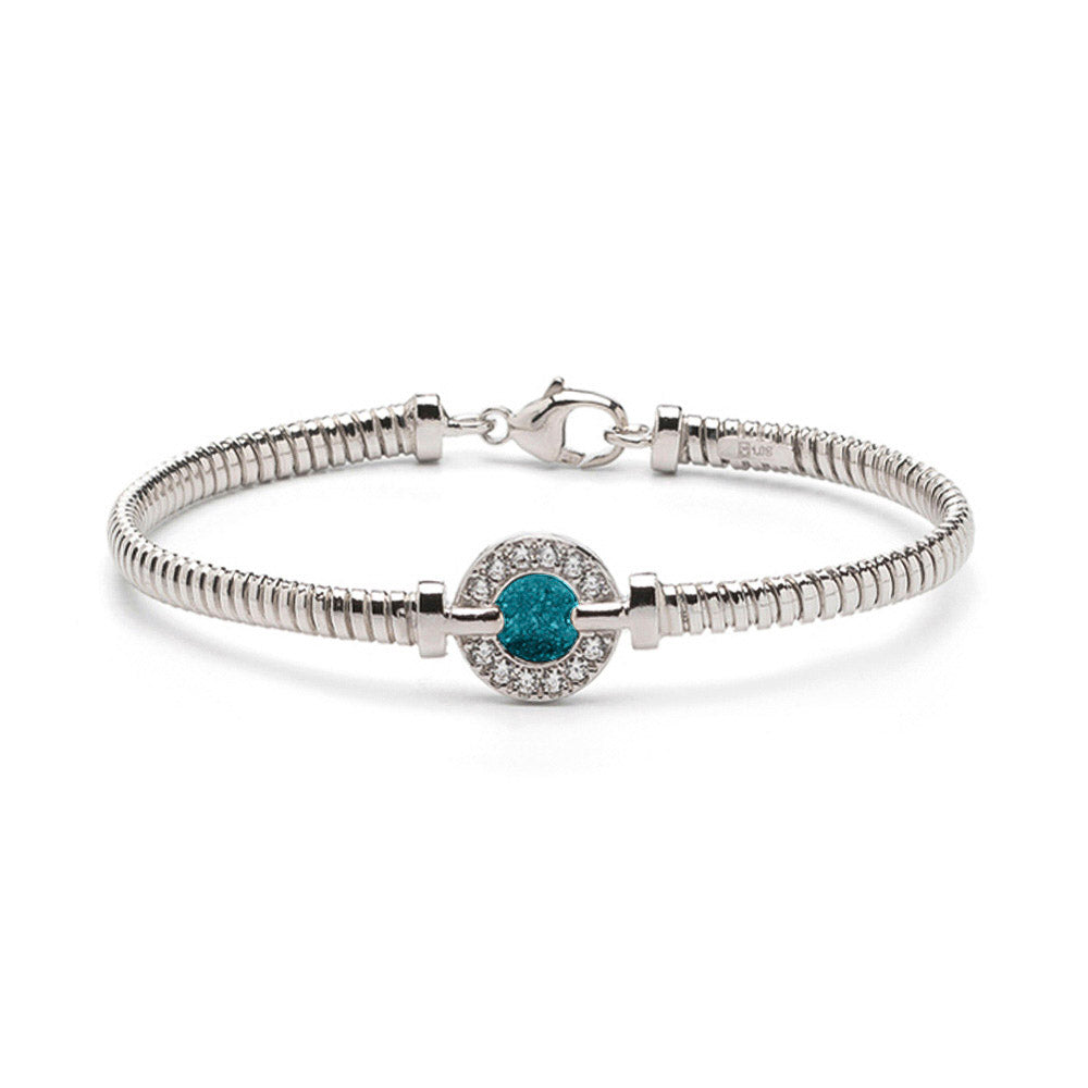 Zilveren as armband met ornamentje, dat gevuld kan worden met as. Turquoise