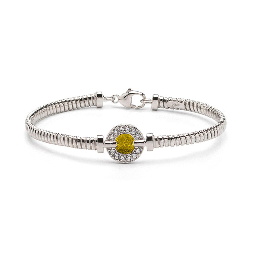 Zilveren as armband met ornamentje, dat gevuld kan worden met as. Yellow