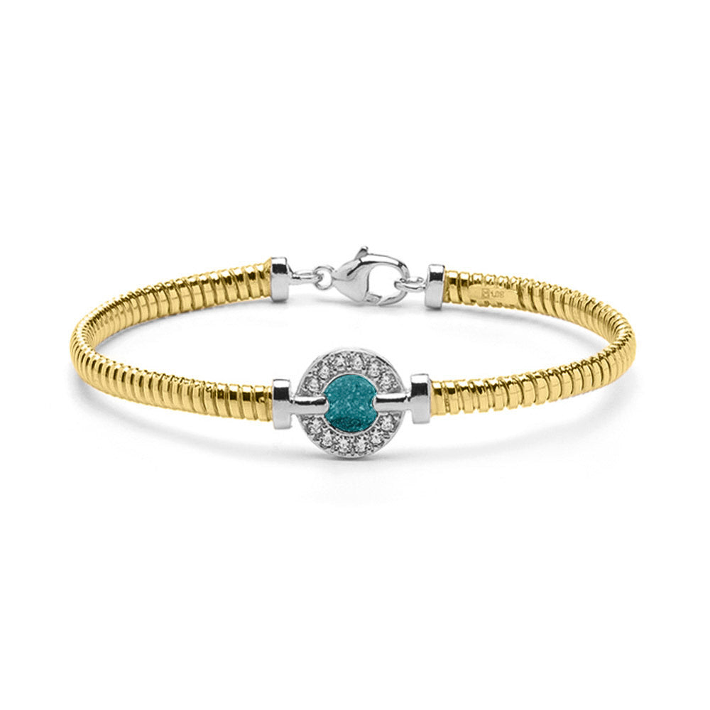 Zilveren met geelgoud vergulde as armband afgewerkt rondom met zirkonia's. aqua