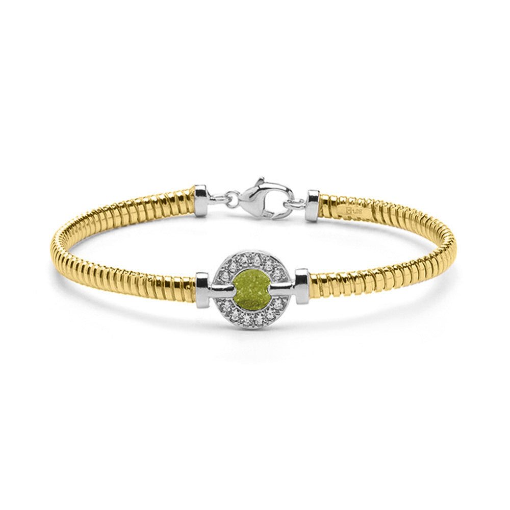 Zilveren met geelgoud vergulde as armband afgewerkt rondom met zirkonia's. olive