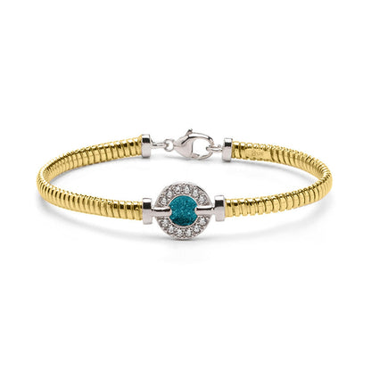 Zilveren met geelgoud vergulde as armband afgewerkt rondom met zirkonia's. turquoise