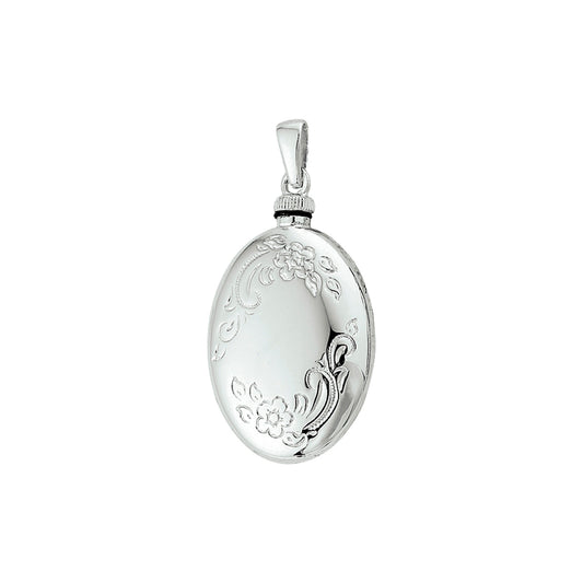 Vorm: Ovaal, Hoogte: 34 mm,  Breedte: 20 mm,  Afwerking: Glans. Zilveren ashanger bloemen. Dit gedenksieraad is geschikt om as en ook haar in te verwerken