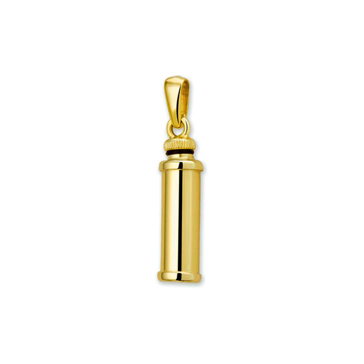 Vorm: Koker, Hoogte 26 mm, Breedte: 7 mm,  Afwerking: Glans. 14 KT geelgouden  ashanger. gedenksieraad