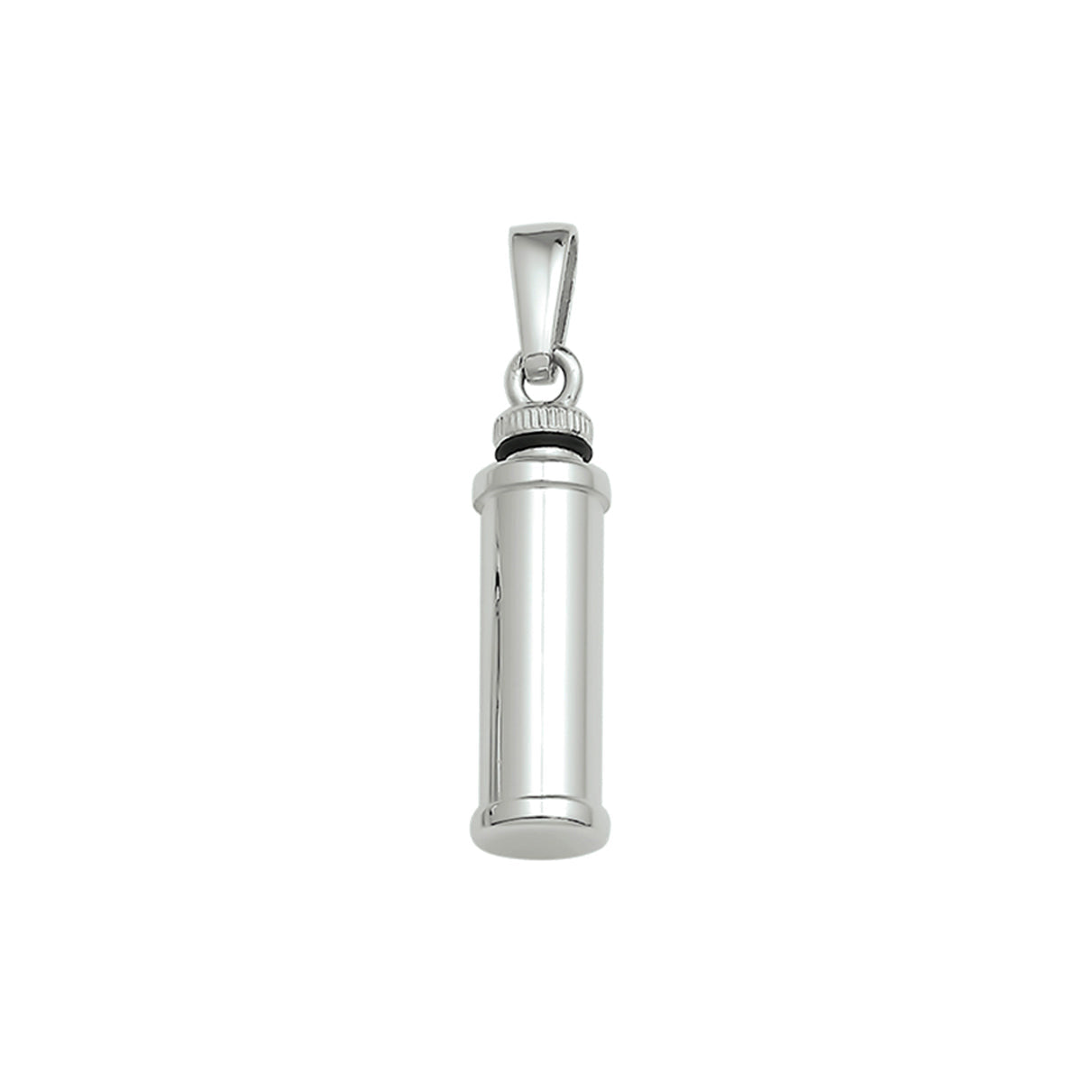 Vorm: Koker, Hoogte 26 mm, Breedte: 7 mm,  Afwerking: Glans. Zilveren ashanger, gedenksieraad is geschikt om as en ook haar in te verwerken