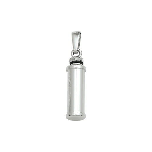Vorm: Koker, Hoogte 26 mm, Breedte: 7 mm,  Afwerking: Glans. Zilveren ashanger, gedenksieraad is geschikt om as en ook haar in te verwerken