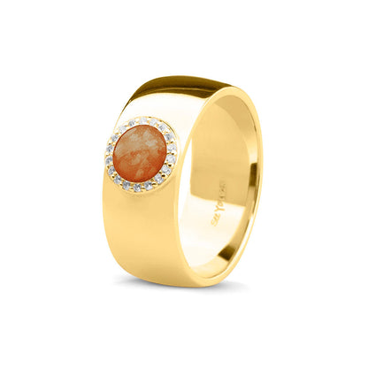 Gladde ring 8 mm uit onze serie gedenksieraden, waar aan de bovenzijde zichtbaar as of haar verwerkt wordt in een rondje, rondom gezet met zirkonia's of diamanten naar keuze. Orange