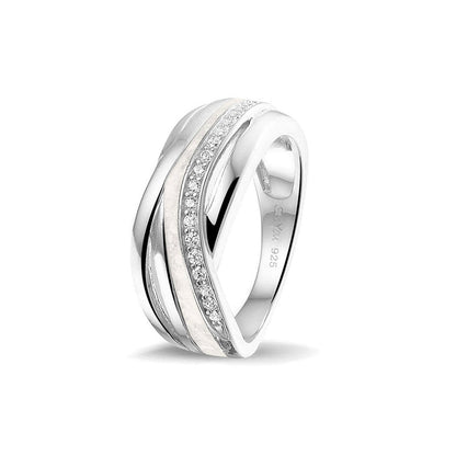 Gedenksieraad, creatieve ring 8 mm waar aan de bovenzijde zichtbaar as of haar verwerkt wordt in een deel van de ringband, een andere band is gezet met zirkonia's of diamanten naar keuze. White