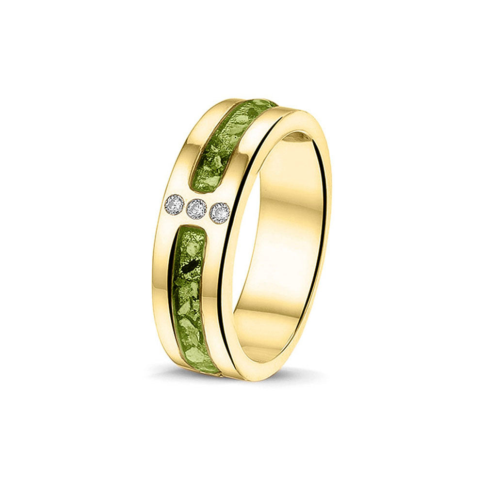 Asring 6 mm uit onze serie gedenksieraden, waar zichtbaar as of haar verwerkt wordt in twee separate compartimenten met in het midden drie stuks zirkonia's of diamanten naar keuze. Green