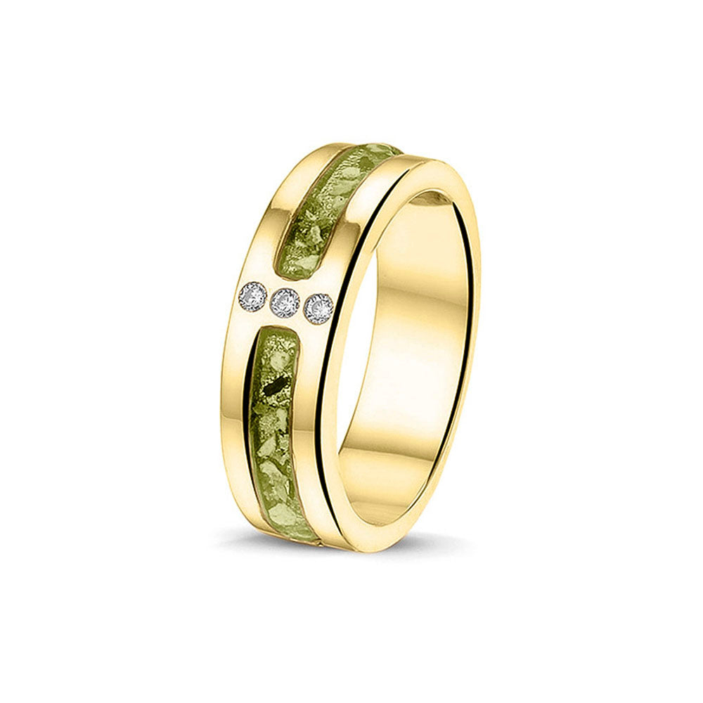 Asring 6 mm uit onze serie gedenksieraden, waar zichtbaar as of haar verwerkt wordt in twee separate compartimenten met in het midden drie stuks zirkonia's of diamanten naar keuze. Olive