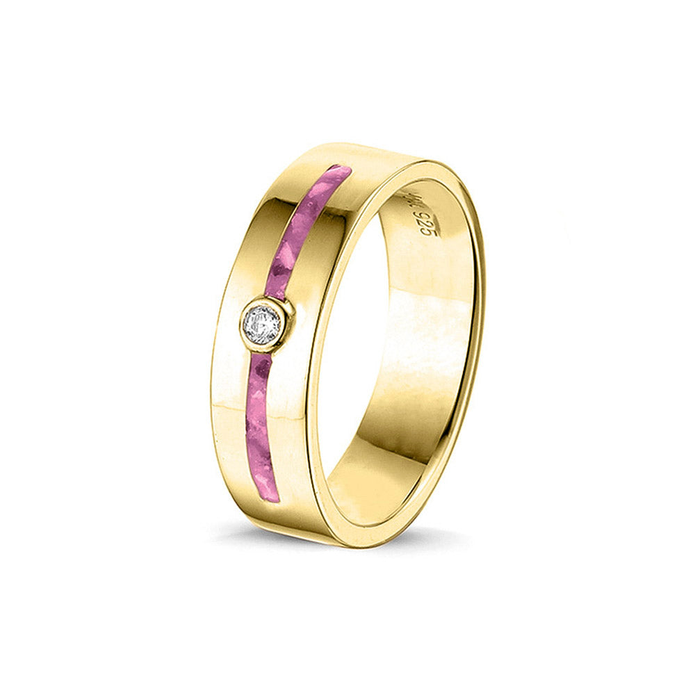 Asring 5 mm uit onze serie gedenksieraden, waar zichtbaar as of haar verwerkt wordt in twee separate compartimenten met in het midden een zirkonia of diamant naar keuze. Fluo