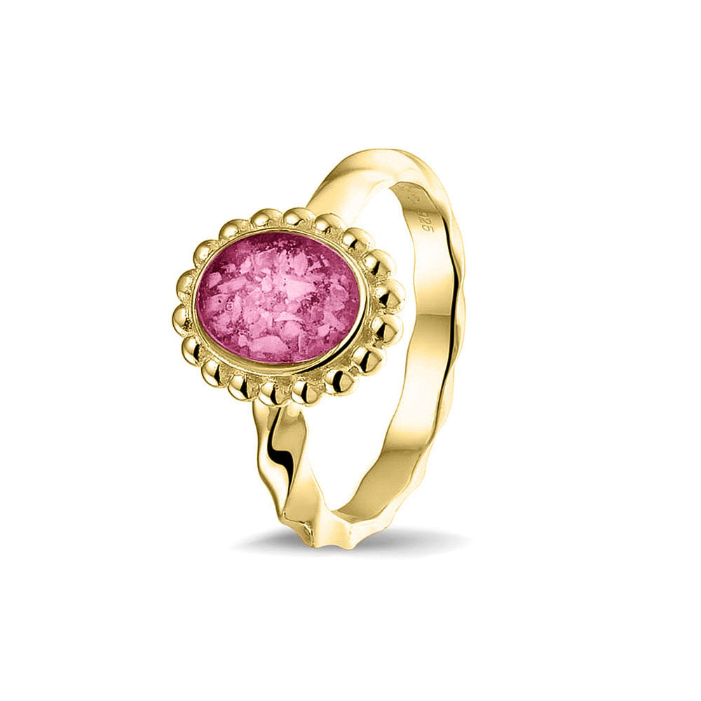 Gedenksieraad, asring met gedraaide scheen waar aan de bovenzijde in druppelvorm met parelrand zichtbaar as of haar (of eventueel melktandjes of moedermelk) verwerkt wordt. Fluo