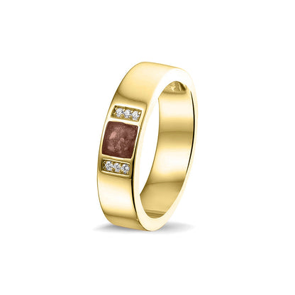 Ring uit onze serie gedenksieraden, waar zichtbaar as of haar verwerkt wordt in twee separate compartimenten geflankeerd door zes stuks zirkonia's of diamanten naar keuze. Brown