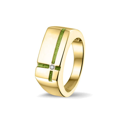 Ring als gedenksieraad 10 breed met twee strepen gescheiden door een zirkonia aan de voorzijde, waar as of haar  in verwerkt wordt. Green