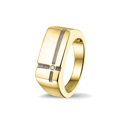 Ring als gedenksieraad 10 breed met twee strepen gescheiden door een zirkonia aan de voorzijde, waar as of haar  in verwerkt wordt. Silver