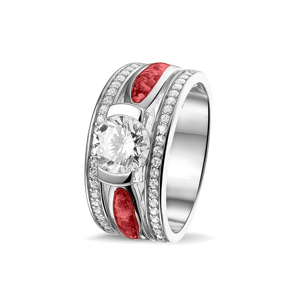 Asring 10 mm uit onze serie gedenksieraden, waar aan de bovenzijde zichtbaar as of haar verwerkt wordt in twee separate compartimenten met in het midden een zirkonia. Red