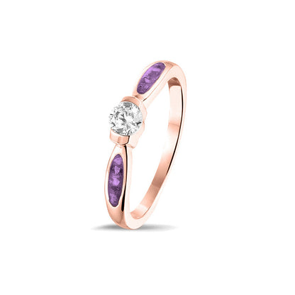  Gedenksieraad, ring 3 mm met edelsteen naar keuze, geflankeerd door twee compartimenten waar zichtbaar as of haar  in verwerkt wordt. Purple