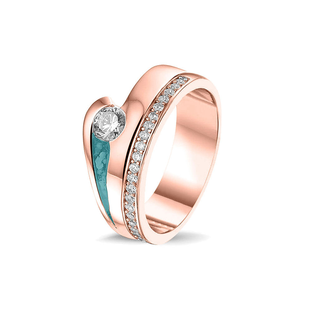 Gedenksieraad, creatieve ring waar aan de zijkant zichtbaar as of haar verwerkt onder de edelsteen naar keuze, een buitenste band is deels gezet met zirkonia's of diamanten naar keuze. Aqua