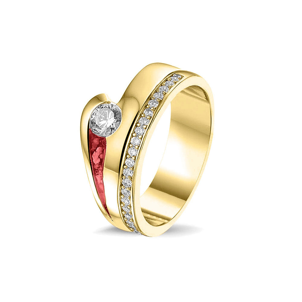 Gedenksieraad, creatieve ring waar aan de zijkant zichtbaar as of haar verwerkt onder de edelsteen naar keuze, een buitenste band is deels gezet met zirkonia's of diamanten naar keuze. Red