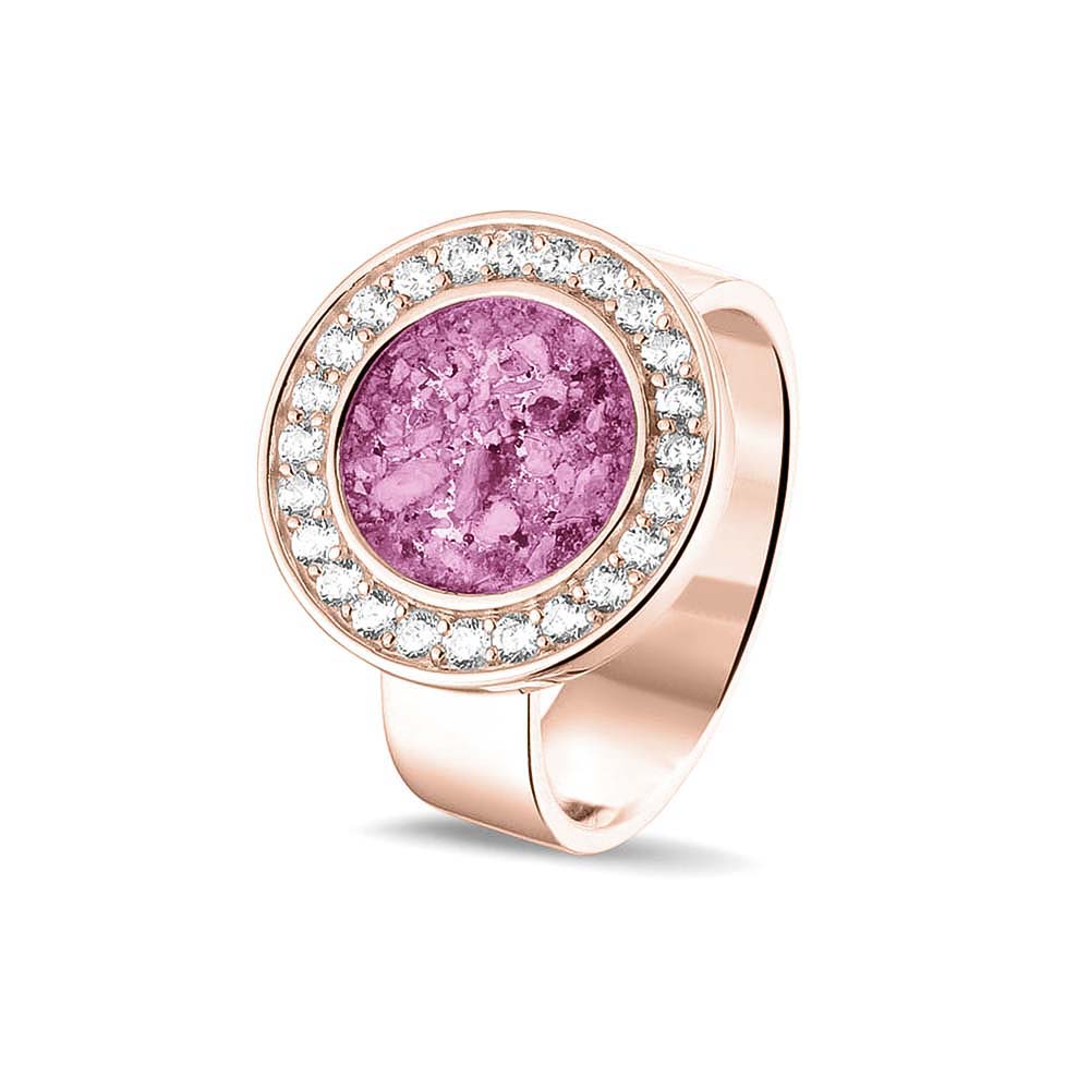 Asring 6 mm uit onze serie gedenksieraden, waar aan de bovenzijde zichtbaar as of haar verwerkt wordt in een rondje, rondom gezet met zirkonia's of diamanten naar keuze. Fluo