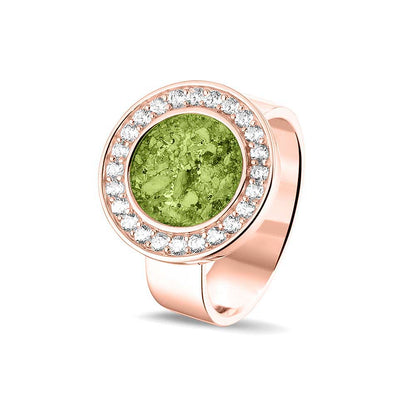 Asring 6 mm uit onze serie gedenksieraden, waar aan de bovenzijde zichtbaar as of haar verwerkt wordt in een rondje, rondom gezet met zirkonia's of diamanten naar keuze. Green