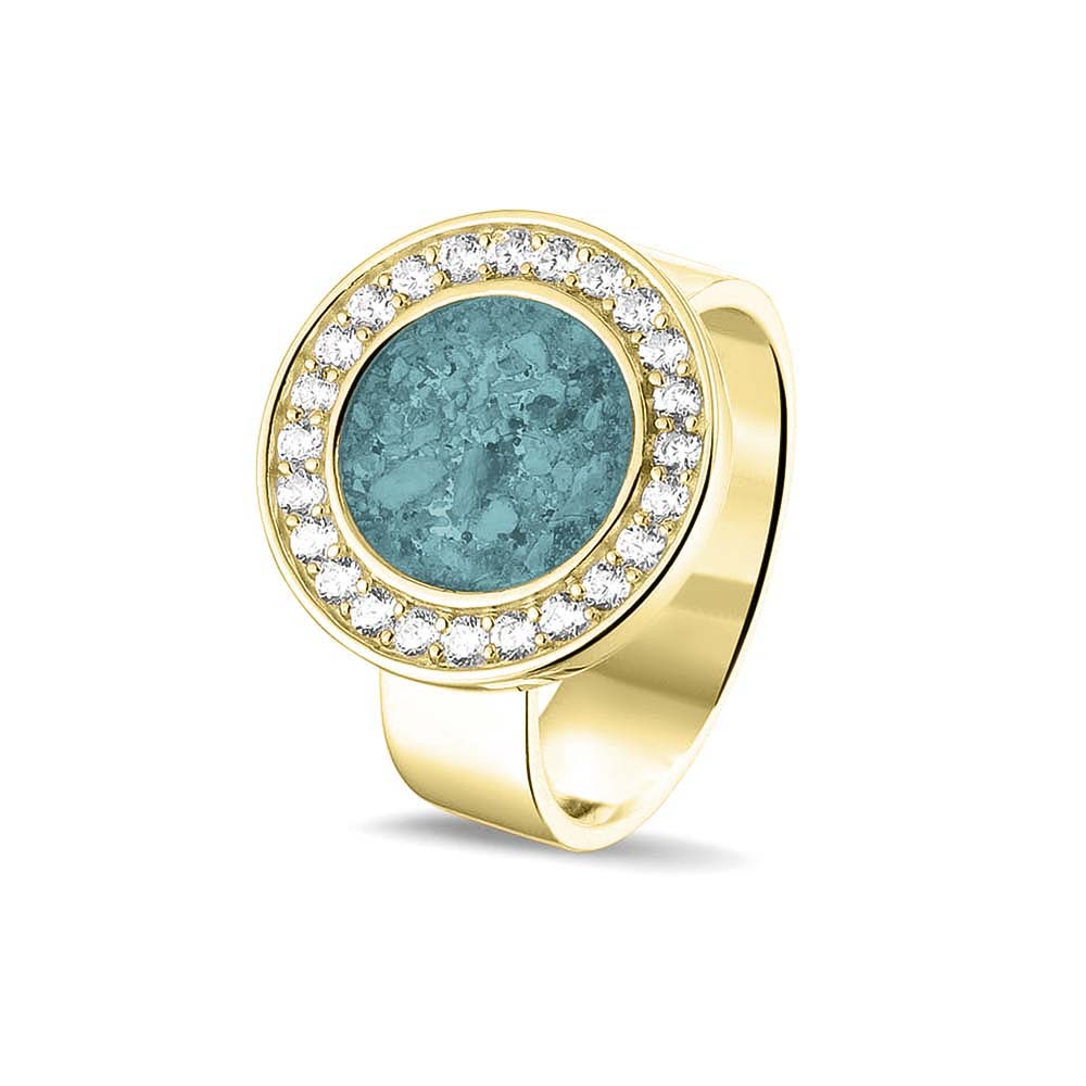 Asring 6 mm uit onze serie gedenksieraden, waar aan de bovenzijde zichtbaar as of haar verwerkt wordt in een rondje, rondom gezet met zirkonia's of diamanten naar keuze. Aqua
