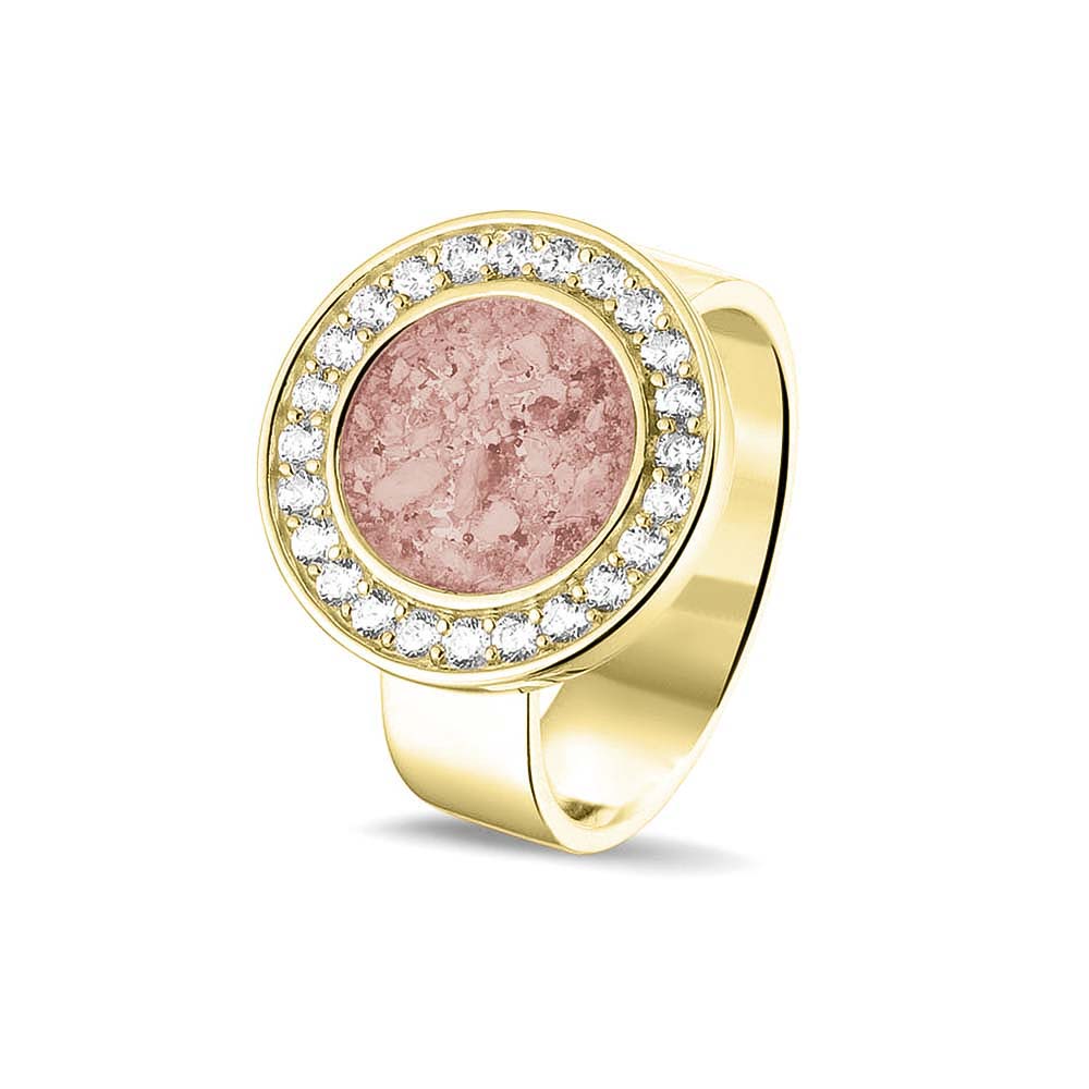 Asring 6 mm uit onze serie gedenksieraden, waar aan de bovenzijde zichtbaar as of haar verwerkt wordt in een rondje, rondom gezet met zirkonia's of diamanten naar keuze. Blush
