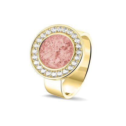 Asring 6 mm uit onze serie gedenksieraden, waar aan de bovenzijde zichtbaar as of haar verwerkt wordt in een rondje, rondom gezet met zirkonia's of diamanten naar keuze. Blush