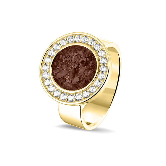 Asring 6 mm uit onze serie gedenksieraden, waar aan de bovenzijde zichtbaar as of haar verwerkt wordt in een rondje, rondom gezet met zirkonia's of diamanten naar keuze. Brown