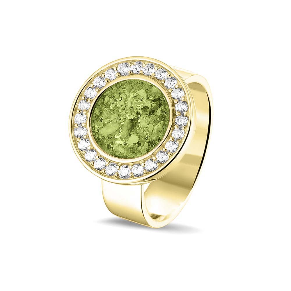  Asring 6 mm uit onze serie gedenksieraden, waar aan de bovenzijde zichtbaar as of haar verwerkt wordt in een rondje, rondom gezet met zirkonia's of diamanten naar keuze. Green