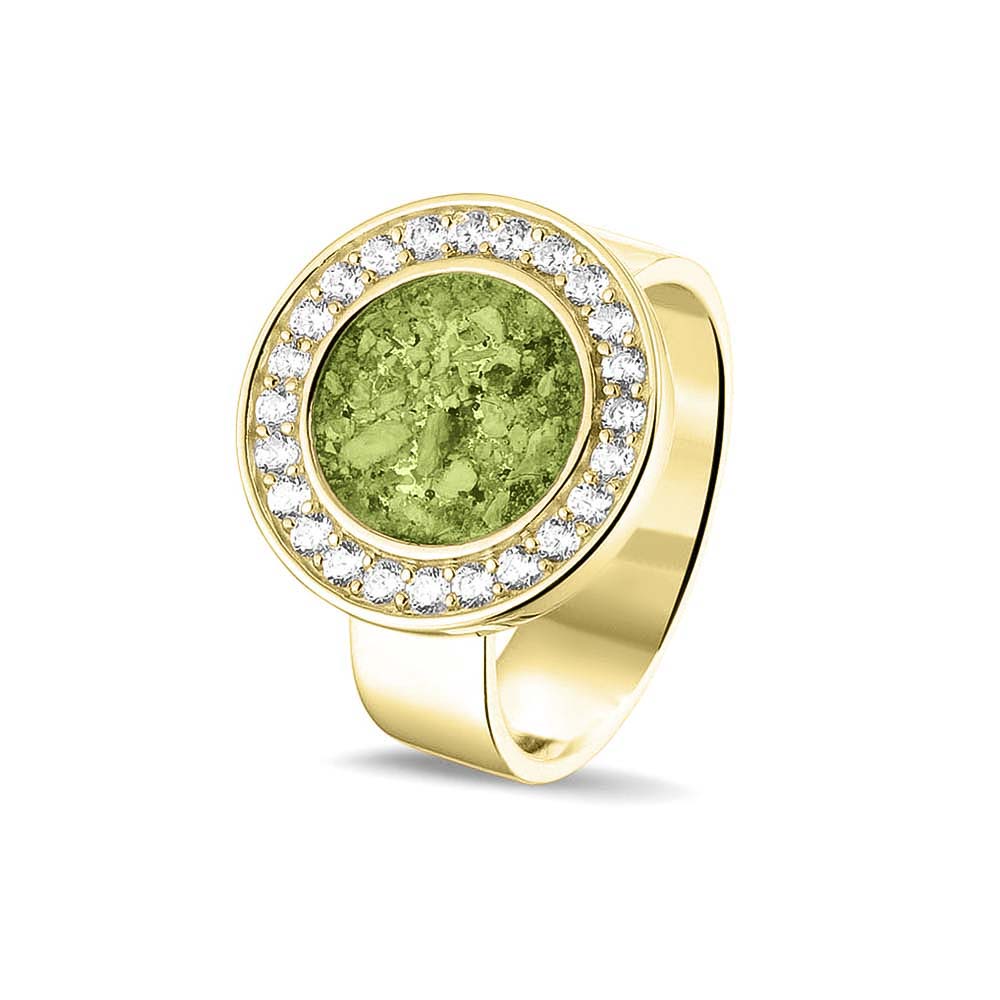 Asring 6 mm uit onze serie gedenksieraden, waar aan de bovenzijde zichtbaar as of haar verwerkt wordt in een rondje, rondom gezet met zirkonia's of diamanten naar keuze. Green