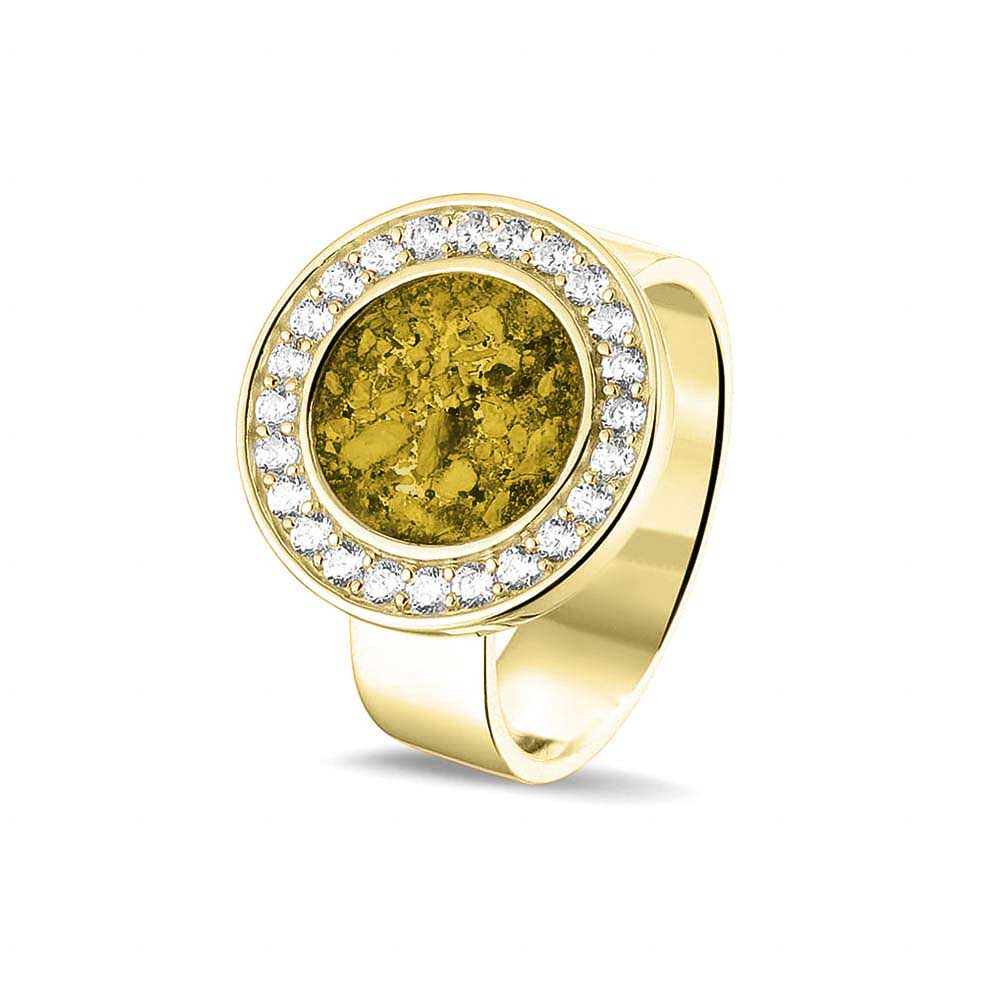  Asring 6 mm uit onze serie gedenksieraden, waar aan de bovenzijde zichtbaar as of haar verwerkt wordt in een rondje, rondom gezet met zirkonia's of diamanten naar keuze. Yellow