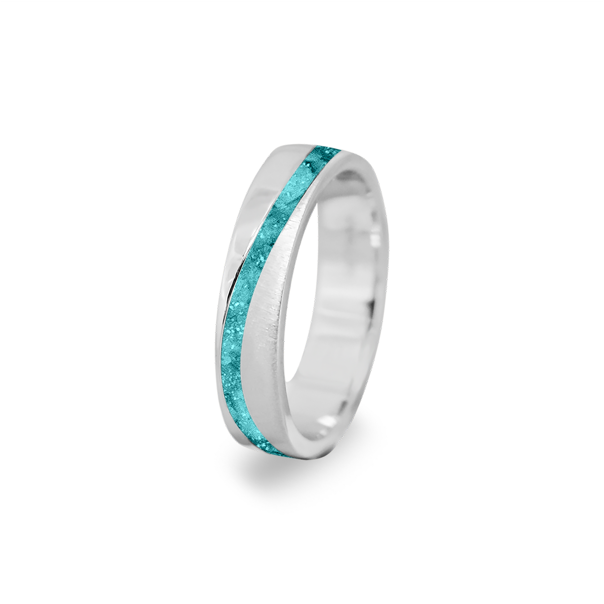 Gedenksieraad, ring  rondom zichtbaar gevuld met as of haar. Het vullen en sealen met onze speciale hars wordt in onze ambachtelijke edelsmederij gedaan. Aqua