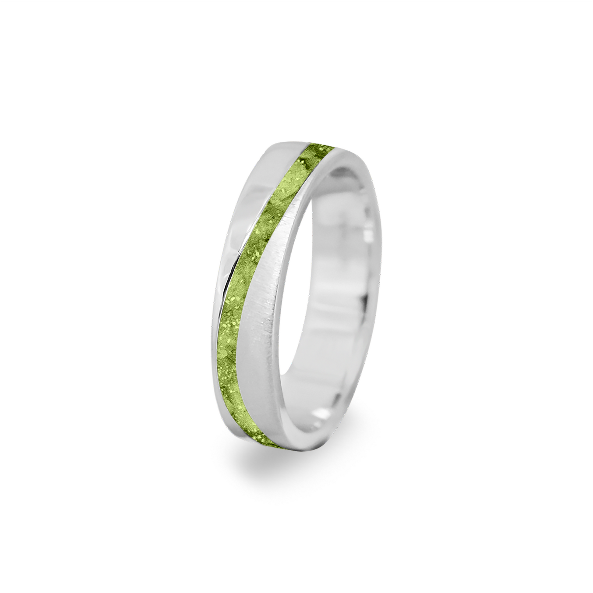 Gedenksieraad, ring  rondom zichtbaar gevuld met as of haar. Het vullen en sealen met onze speciale hars wordt in onze ambachtelijke edelsmederij gedaan. Green